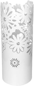 Porta Ombrelli in Metallo Fiore, Contenitore per Ombrelli con Vaschetta Scolapioggia e 1 Gancetto, 19cm diametro 49cm altezza, Bianco