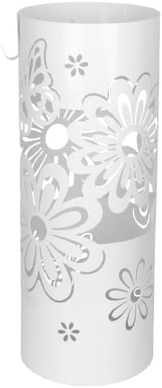 Today Home Porta Ombrelli in Metallo Fiore, Contenitore per Ombrelli con Vaschetta Scolapioggia e 1 Gancetto, diametro 19cm altezza 49cm, Bianco