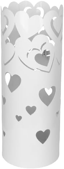 Porta Ombrelli in Metallo Cuore, Contenitore per Ombrelli con Vaschetta Scolapioggia e 1 Gancetto, diametro 19cm altezza 49 cm, Bianco