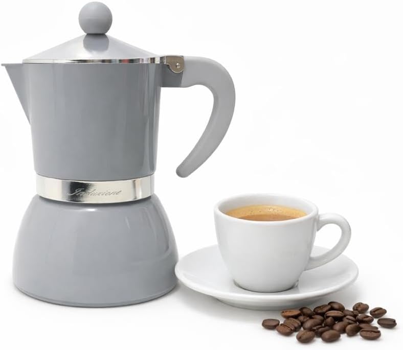 Caffettiera Moka per Induzione, 3 Tazze, Alluminio, con Manico Ergonomico, Colore Grigio Lucido, Design Elegante