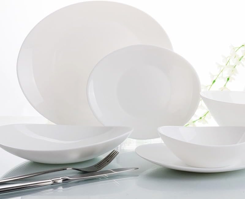 Servizio da tavola Ovale con 6 Piatti Piani, 6 Fondi e 6 da Dessert (18 Pezzi), Pura Luce, Vetro, Bianco