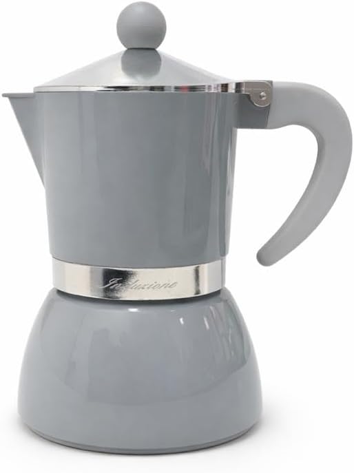 Caffettiera Moka per Induzione, 3 Tazze, Alluminio, con Manico Ergonomico, Colore Grigio Lucido, Design Elegante