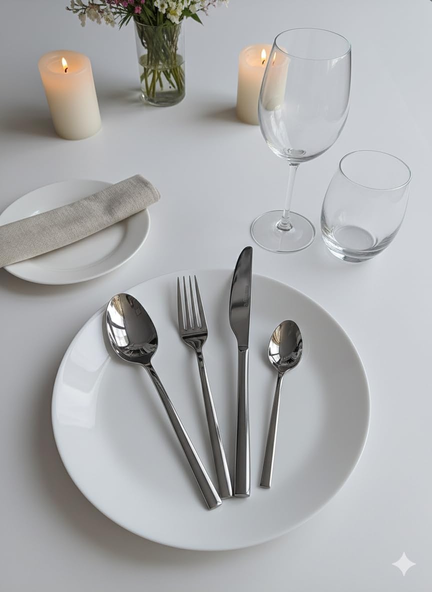 Set Posate in Acciaio Inox 18/10 per 6 Persone, 24 Pezzi, Include 6 Forchette, 6 Coltelli, 6 Cucchiai, 6 Cucchiaini Caffè, Finitura Lucida