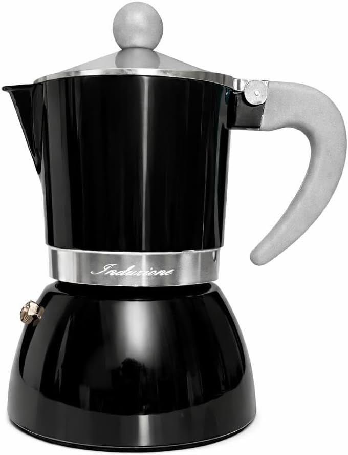 Today Home Caffettiera Moka per Induzione, 3 Tazze, Alluminio, con Manico Ergonomico, Colore Nero Lucido, Design Elegante
