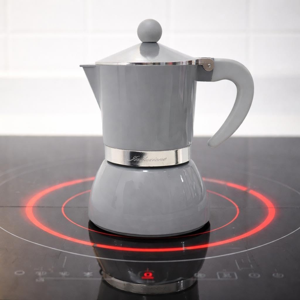 Caffettiera Moka per Induzione, 3 Tazze, Alluminio, con Manico Ergonomico, Colore Grigio Lucido, Design Elegante