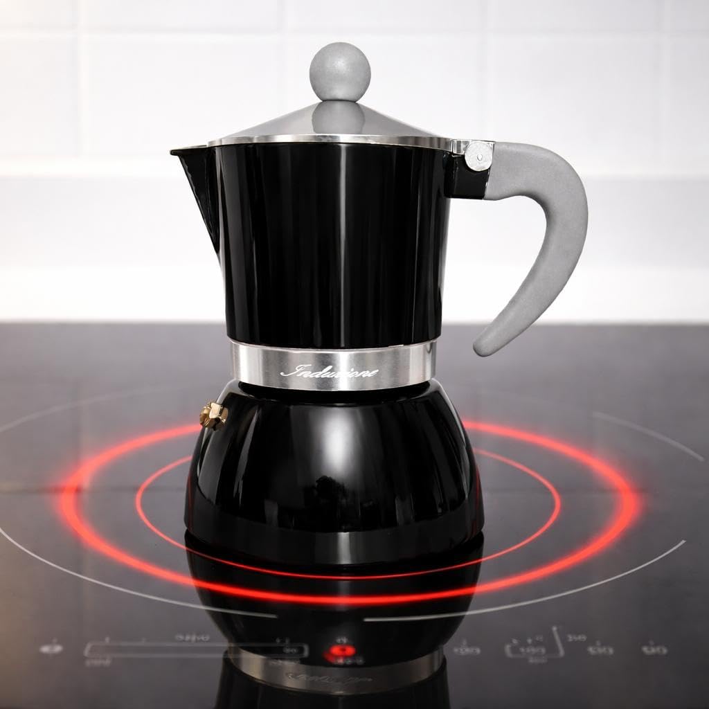 Today Home Caffettiera Moka per Induzione, 3 Tazze, Alluminio, con Manico Ergonomico, Colore Nero Lucido, Design Elegante