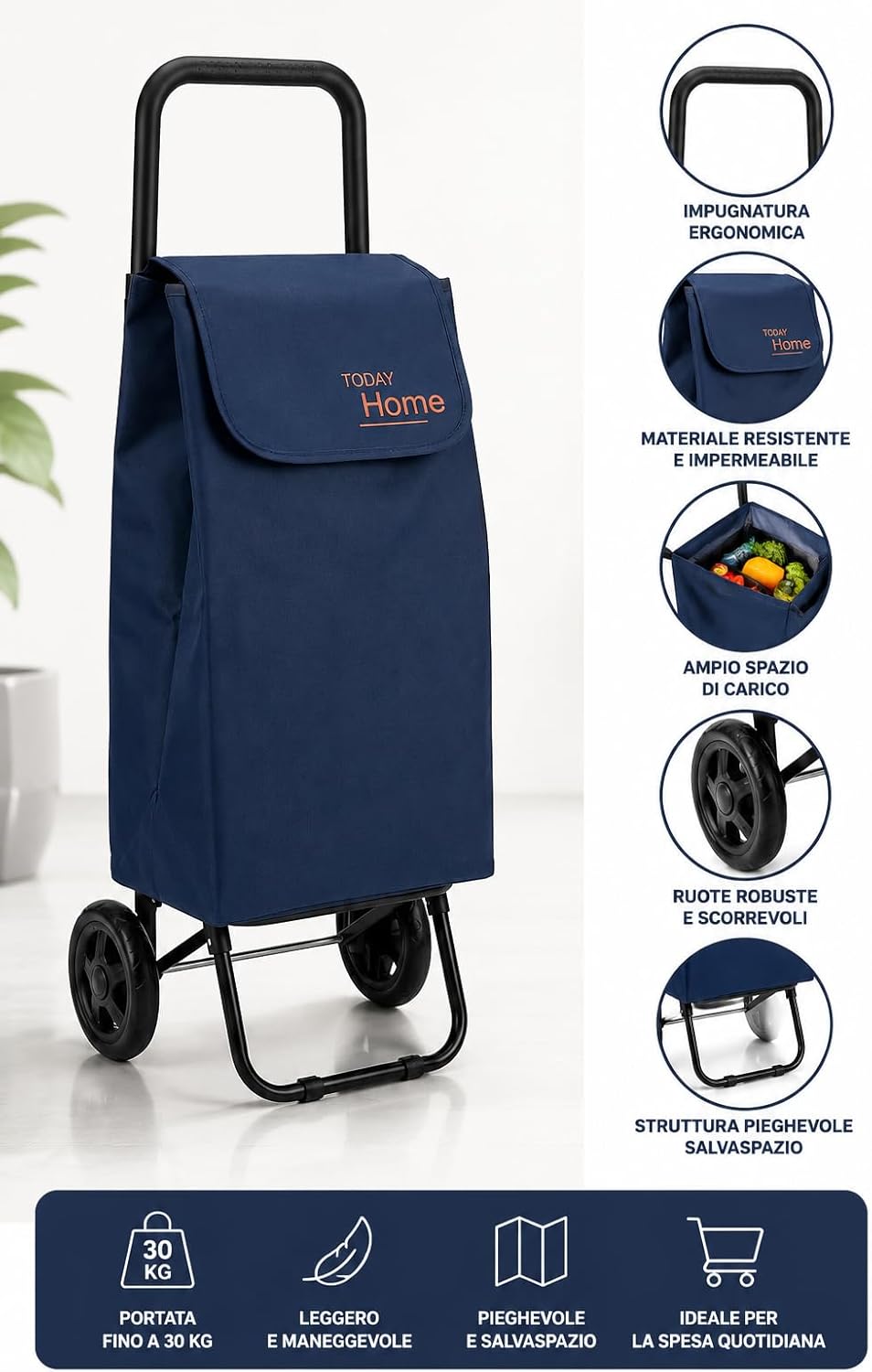 Today Home Carrello Spesa Pieghevole Isotta 42L con 2 Ruote, Impermeabile, Leggero, Capacità 25 kg