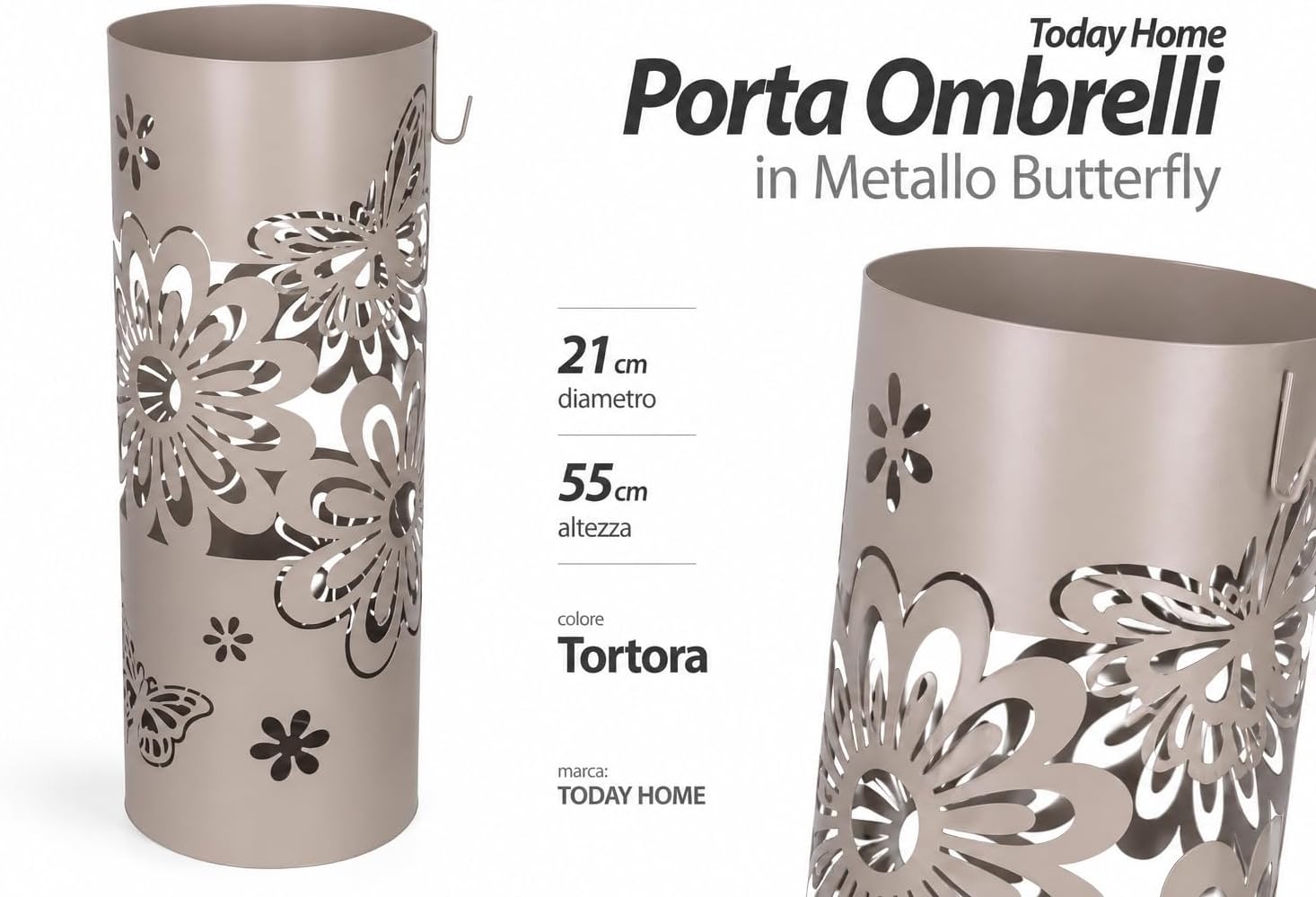 Today Home Porta Ombrelli in Metallo Butterfly, Contenitore per Ombrelli con Vaschetta Scolapioggia e 1 Gancetto, 21cm altezza 55cm, Tortora