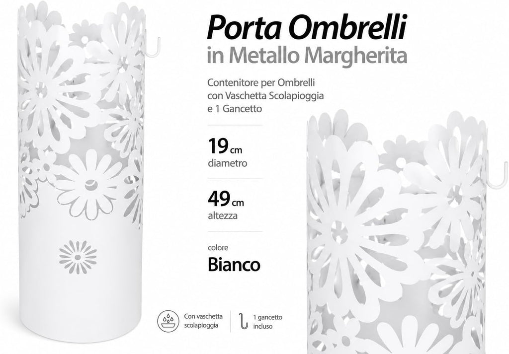 Porta Ombrelli in Metallo Fiore, Contenitore per Ombrelli con Vaschetta Scolapioggia e 1 Gancetto, 19cm diametro 49cm altezza, Bianco