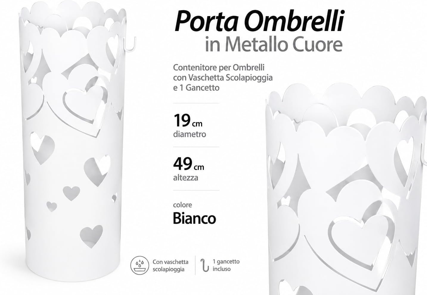 Porta Ombrelli in Metallo Cuore, Contenitore per Ombrelli con Vaschetta Scolapioggia e 1 Gancetto, diametro 19cm altezza 49 cm, Bianco