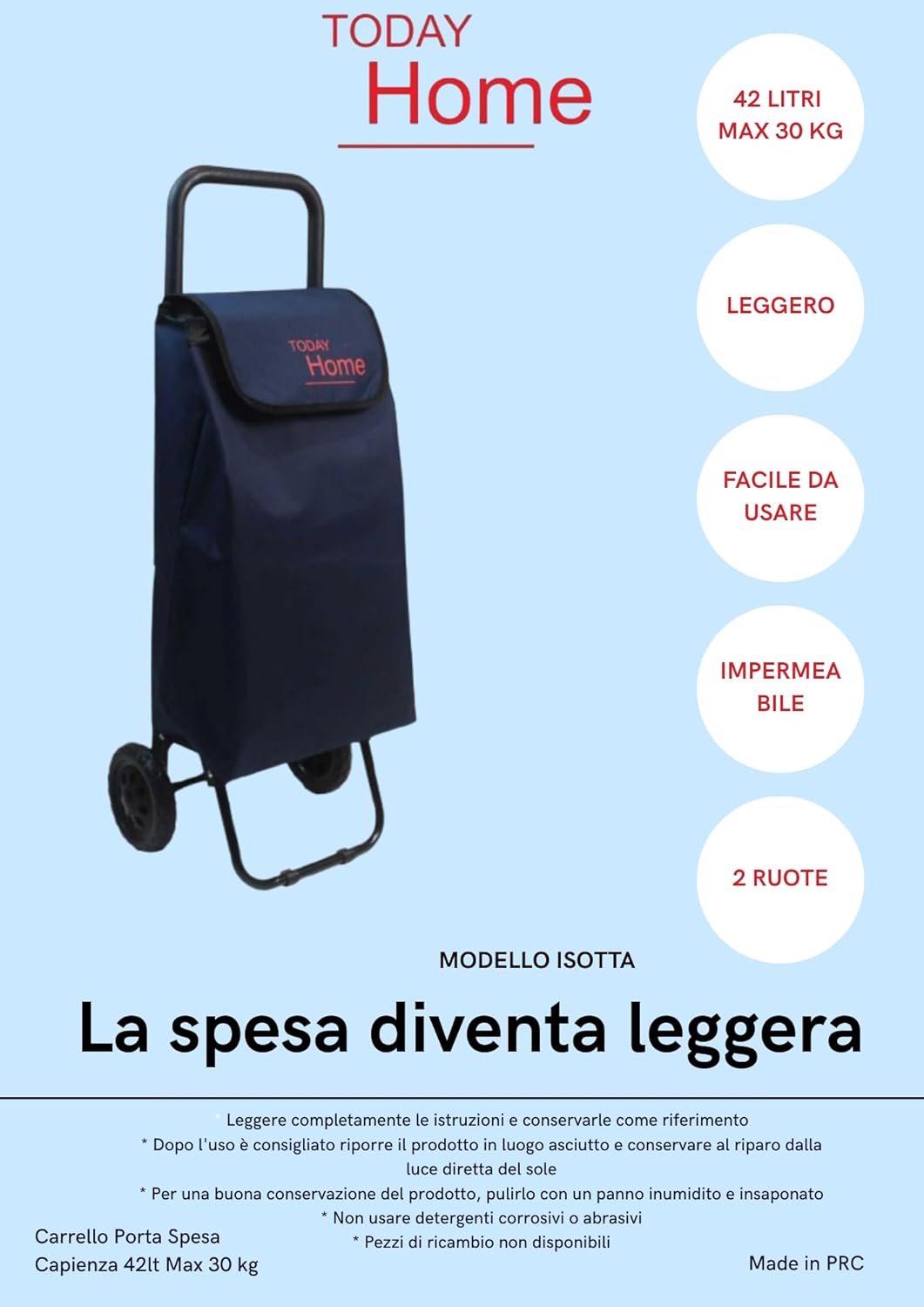 Today Home Carrello Spesa Pieghevole Isotta 42L con 2 Ruote, Impermeabile, Leggero, Capacità 25 kg