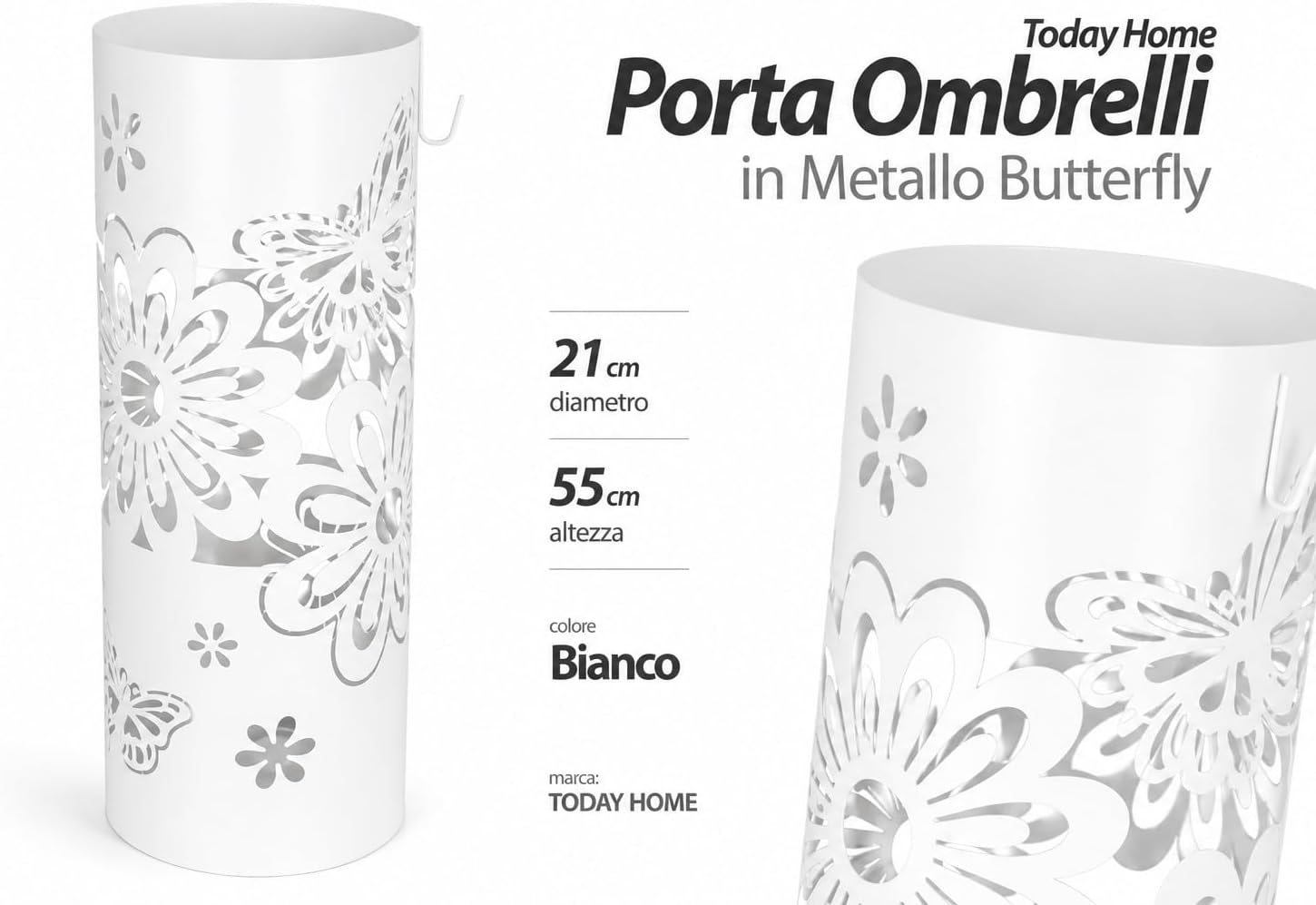 Today Home Porta Ombrelli in Metallo Fiore, Contenitore per Ombrelli con Vaschetta Scolapioggia e 1 Gancetto, diametro 19cm altezza 49cm, Bianco