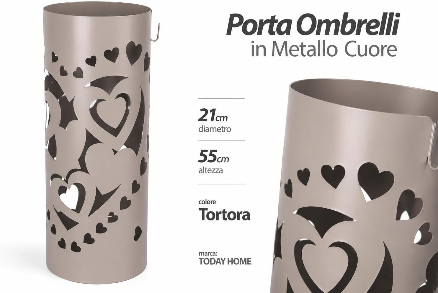 Porta Ombrelli in Metallo Cuore L, Contenitore per Ombrelli con Vaschetta Scolapioggia e 1 Gancetto, 21cm diametro 55cm altezza, Tortora