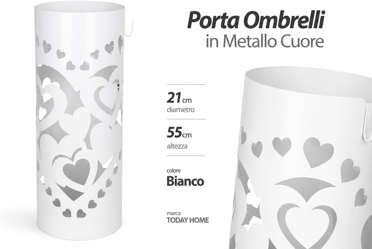 Today Home Porta Ombrelli in Metallo Cuore L, Contenitore per Ombrelli con Vaschetta Scolapioggia e 1 Gancetto, diametro 21cm altezza 55cm, Bianco
