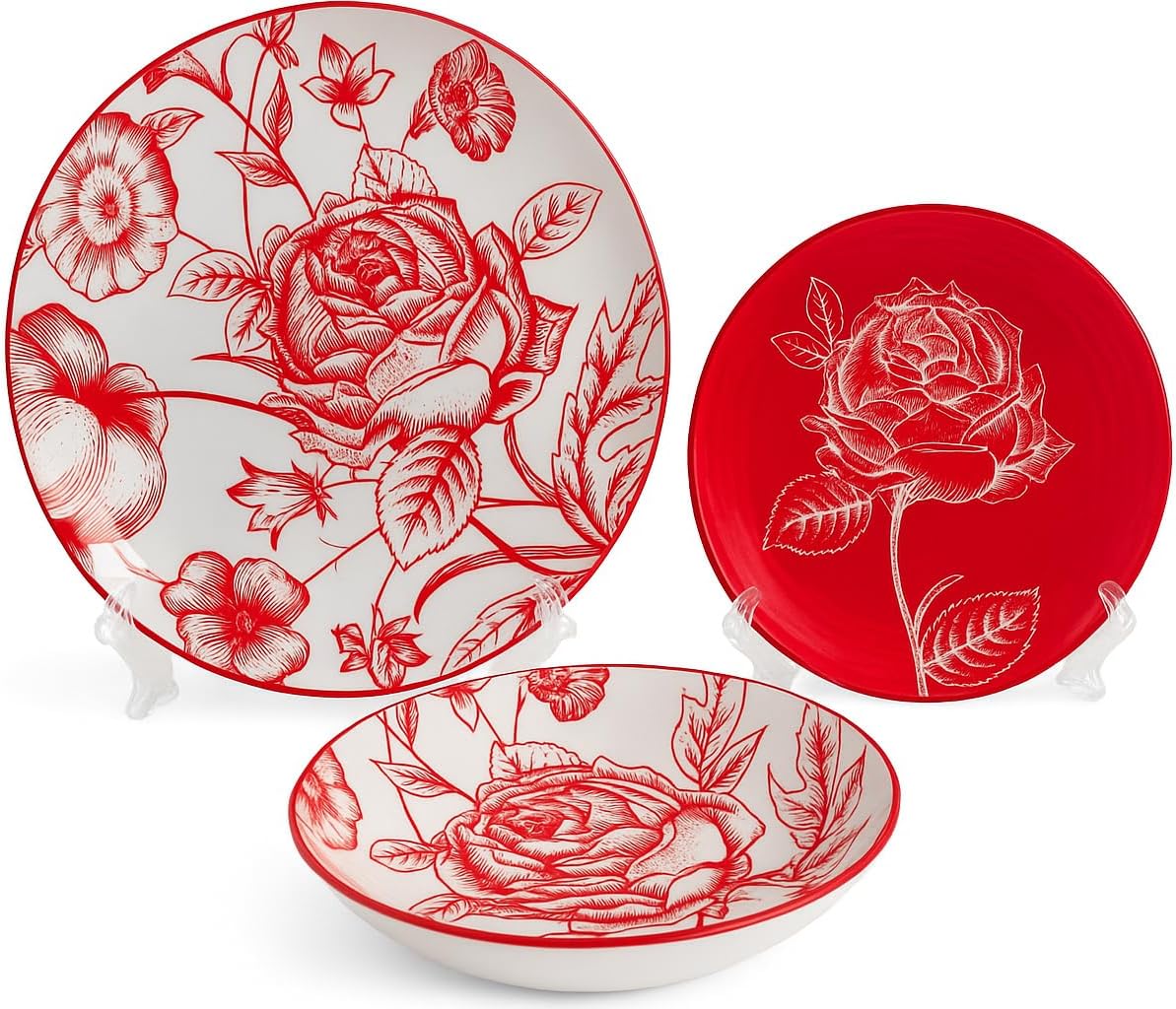 Servizio piatti per 6 persone, 18 pezzi, Porcellana, Rosa Rossa
