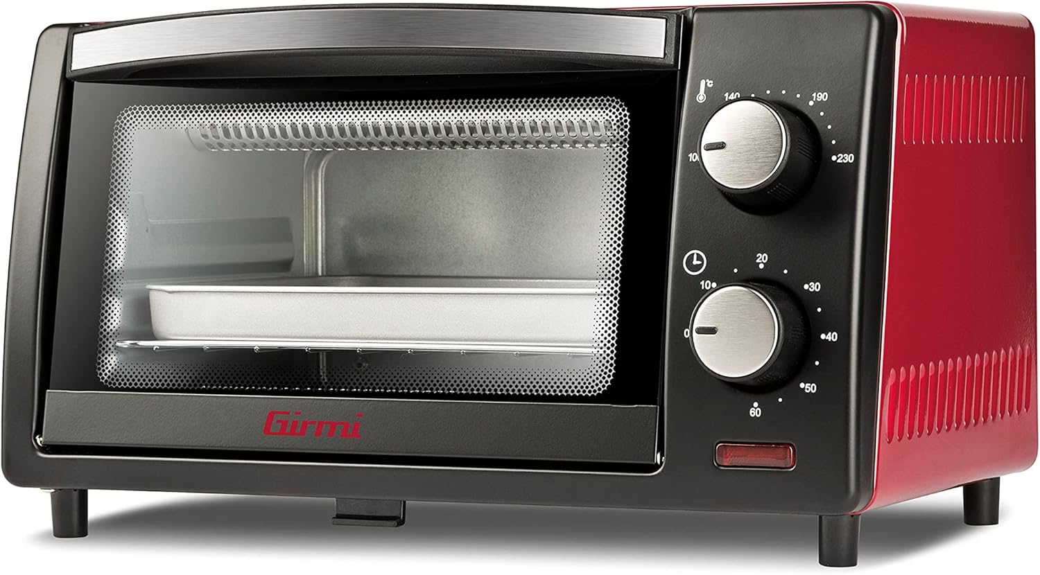 Girmi FE10 Forno elettrico, 800 W, 10 Litri, Griglia INOX, Termostato Regolabile, Timer 60 min, Accesori inclusi, Nero/Rosso