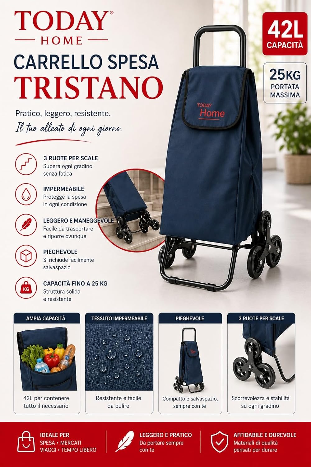 Today Home, Carrello Spesa 42L con 6 Ruote per Scale, Pieghevole, Impermeabile, Leggero, Capacità 25 kg – Modello Tristano