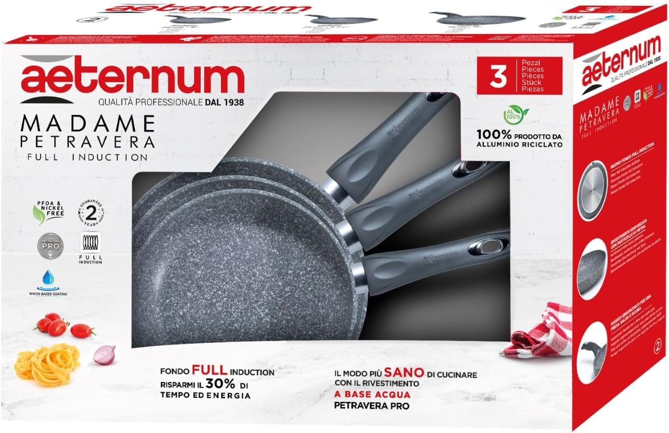 Aeternum, Madame Petravera 3.0, Tris Padelle 20/24/28 cm, Alluminio, Full Induction, Adatte all'induzione, Grigio Petravera