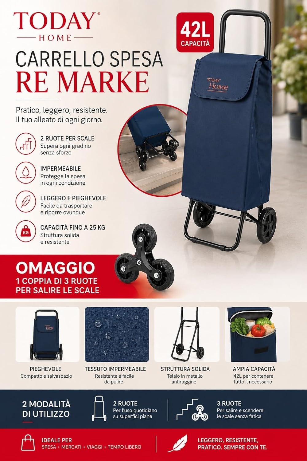 Carrello Spesa 42L con 2 Ruote per Scale + OMAGGIO 1 COPPIA DI 3 RUOTE per salire le scale, Pieghevole, Impermeabile, Leggero, Capacità 25 kg, Modello Re Marke
