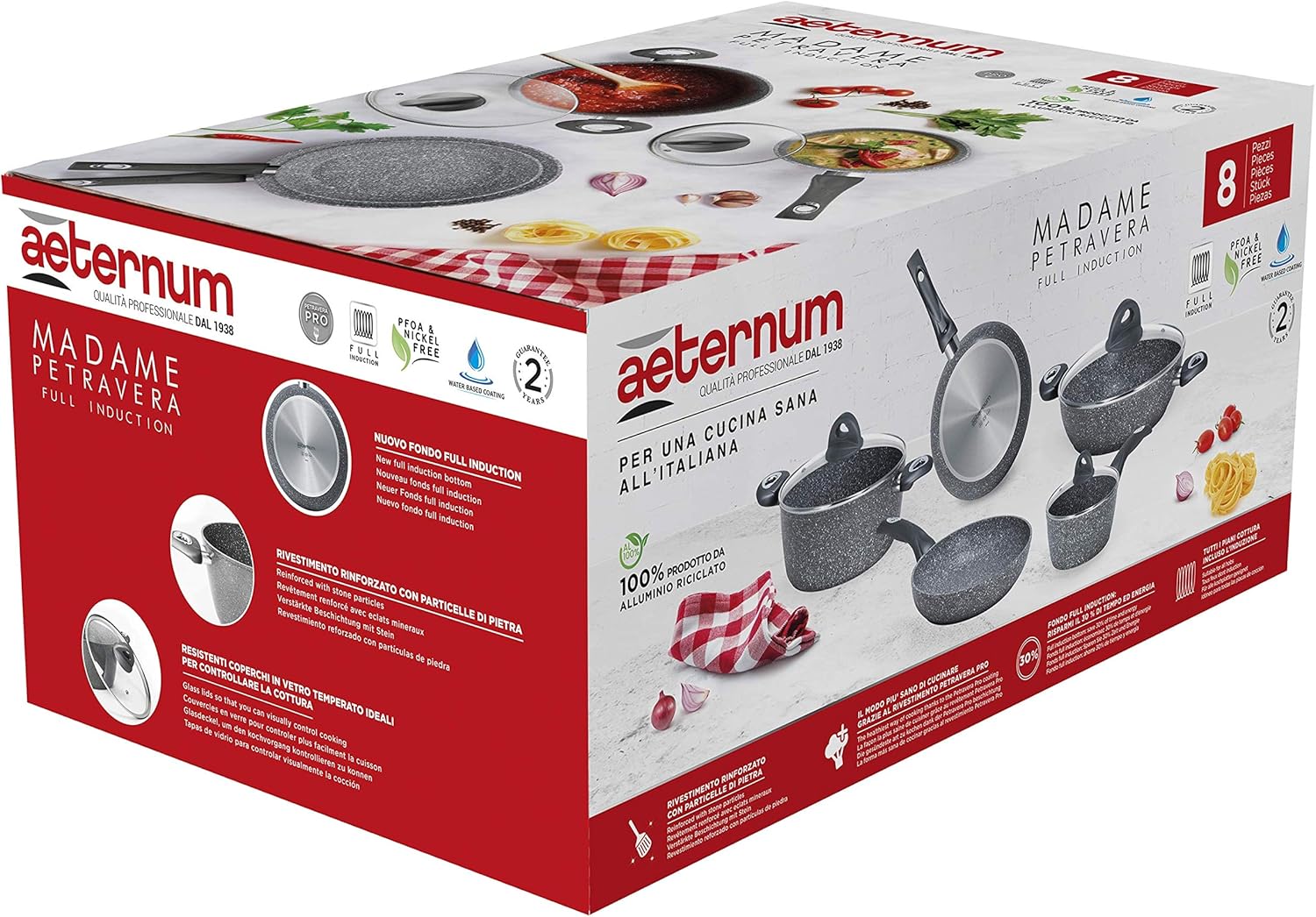 Aeternum, Madame Petravera 3.0, Batteria 8 pezzi, 2 padelle 20-24 cm, 2 casseruole 16-20 cm, 1 tegame 28 cm, 3 coperchi 16-20-28 cm, Ideale per Induzione, Full Induction, Grigio