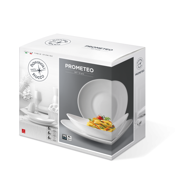 Bormioli Rocco Prometeo Servizio da tavola Ovale di Tendenza, con 6 Piatti Piani, 6 Piatti Fondi e 6 Piatti da Dessert (18 Pezzi)